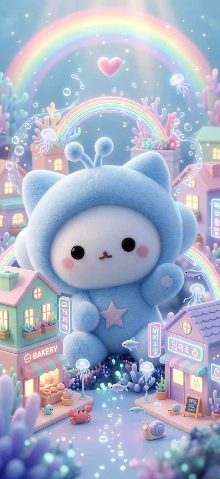 TOTO character concept artwork: a small blue creature in a pastel town